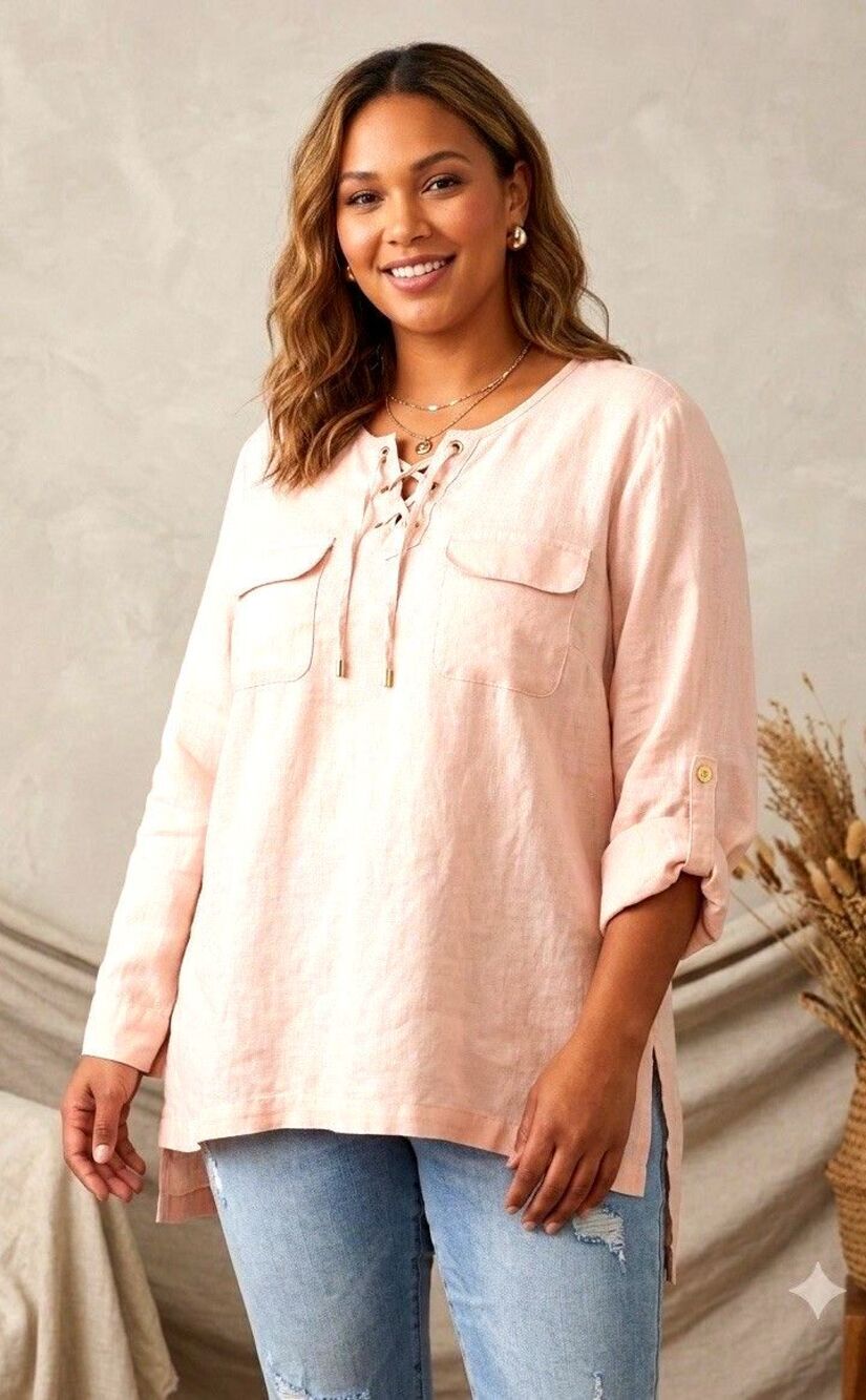 Ellen Tracy 100% Linen Lace Up Tunic Roll Tab Sleeve XXL Champagne Pink Top